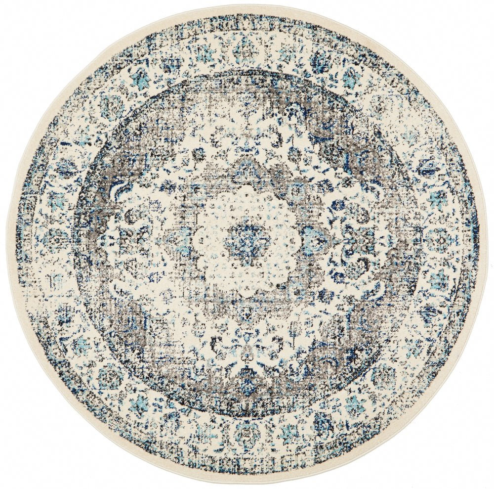 Evoke Round White & Blue Rug