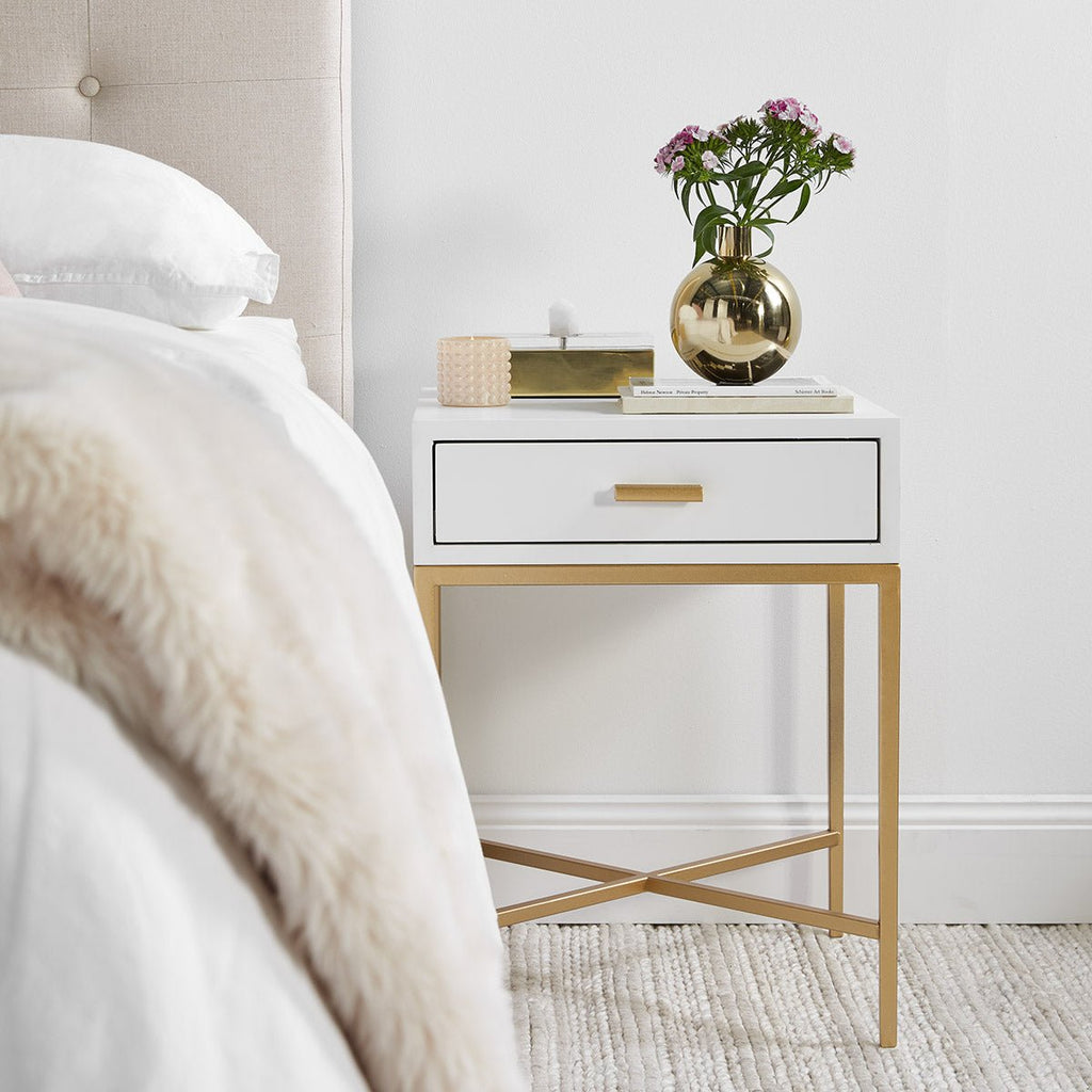 Noosa Small Luxury Bedside Table - White and Gold